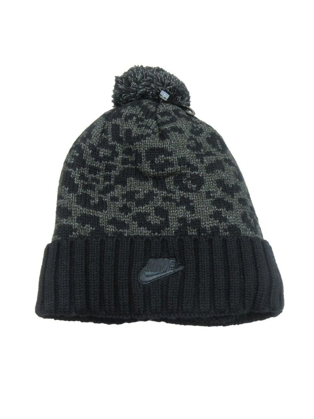 Nike Sportwear Black Leopard Womens Pom Beanie One Size NEW